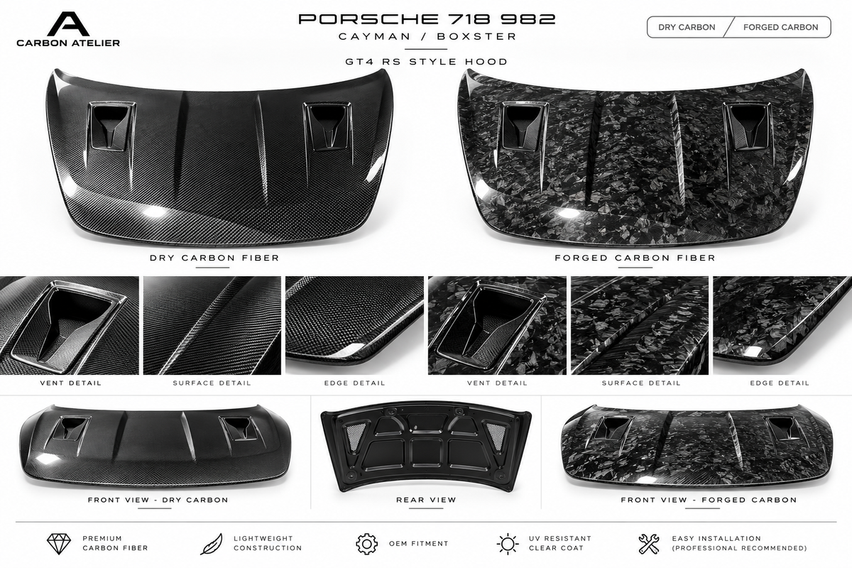 GT4 RS Style Carbon Fiber Hood & Side Skirts for Porsche 718 982 Cayman / Boxster