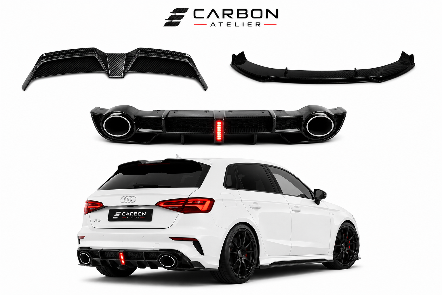 Audi A3 Carbon Fiber Performance Package (2021+) – Front Lip, Rear Diffuser & Trunk Spoiler