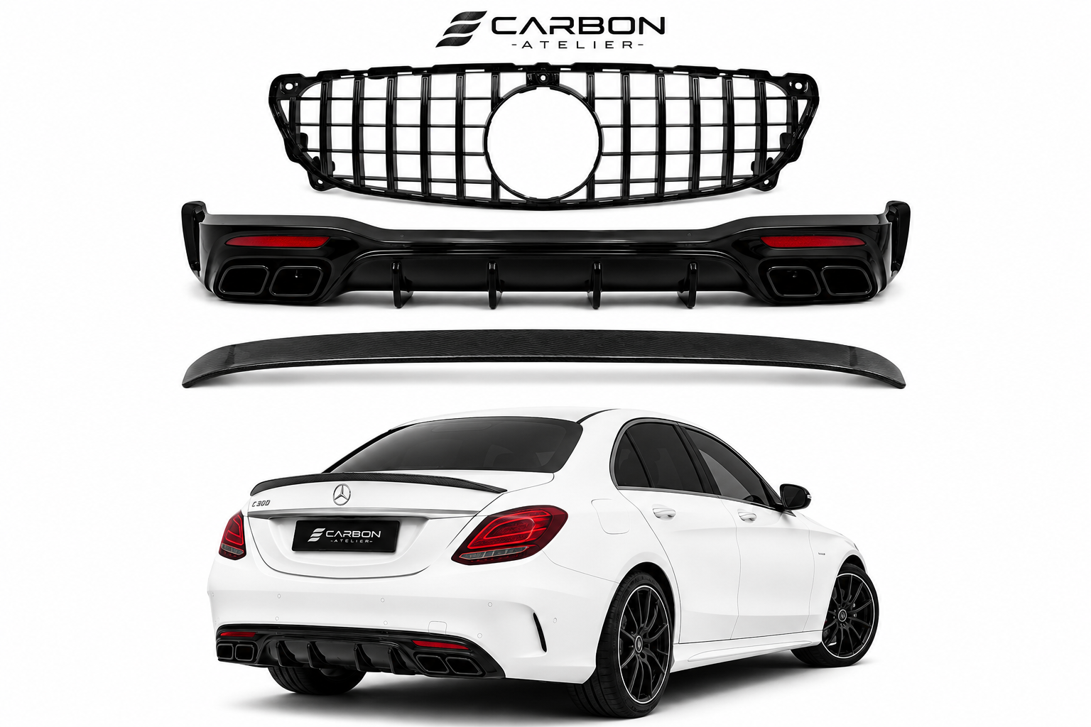 Mercedes-Benz C-Class W205 Carbon Fiber AMG Performance Package (2015–2021) – GT Grille, Rear Diffuser & Trunk Spoiler