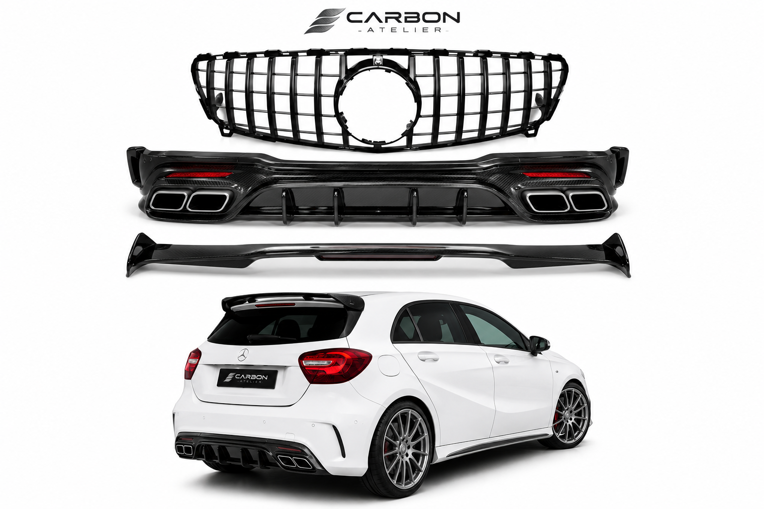 Mercedes-Benz A-Class W176 Carbon Fiber AMG Performance Package (2015–2018) – GT Grille, Rear Diffuser & Roof Spoiler