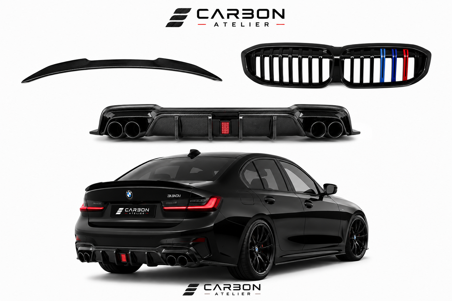 BMW 3 Series G20/G21 Carbon Fiber Performance Package (2019+) – M Style Front Grille, Rear Diffuser & Trunk Spoiler