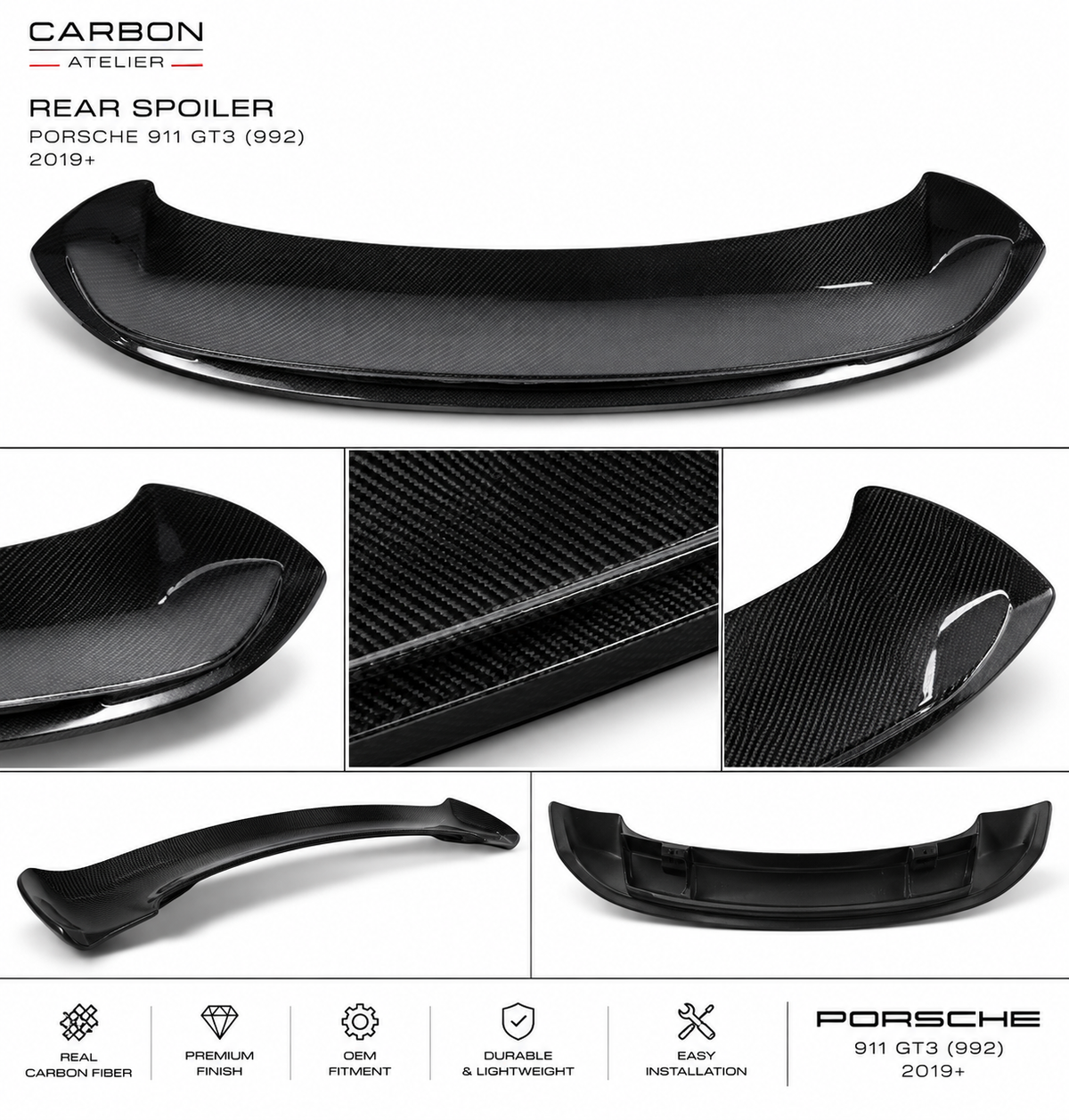 GT3 Style Full Carbon Fiber Rear Spoiler For Porsche 911 992 2019+