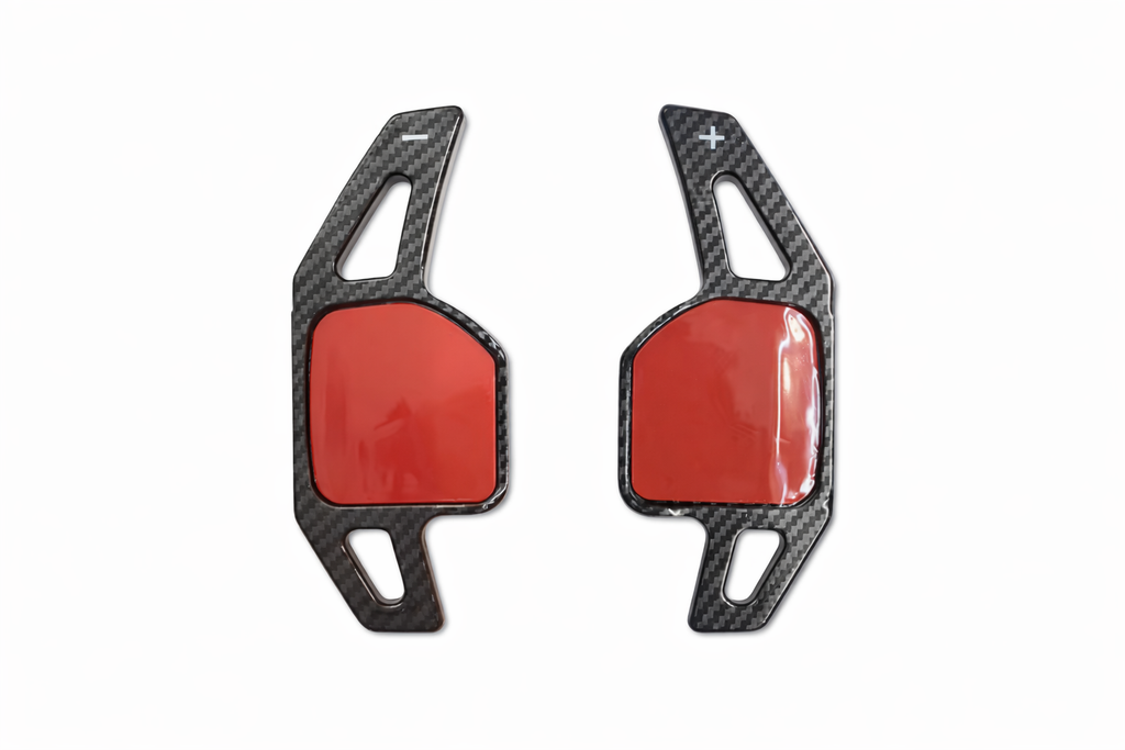 Carbon Fiber Paddle Shifter Extensions Compatible with Audi Steering Wheel – Red & Black Finish